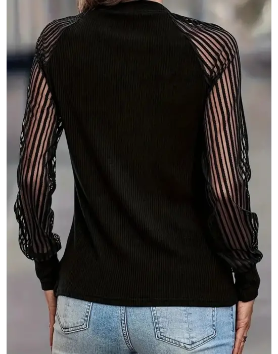 Kadın Uzun Kollu Tül Detaylı Bisiklet Yakalı Kaşkorse Bluz