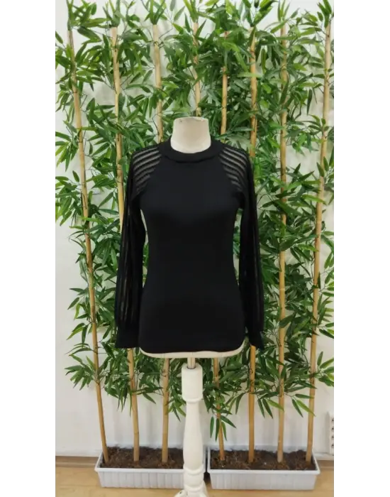 Kadın Uzun Kollu Tül Detaylı Bisiklet Yakalı Kaşkorse Bluz