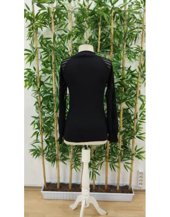 Kadın Uzun Kollu Tül Detaylı Bisiklet Yakalı Kaşkorse Bluz