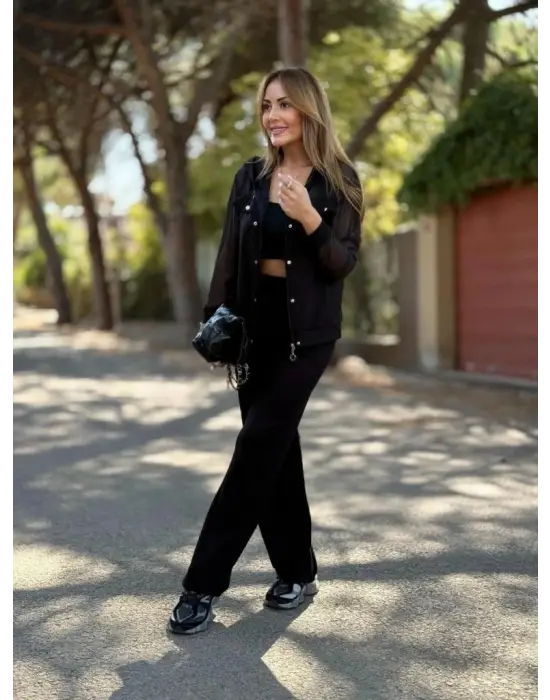 Kadın Uzun Kollu Tül Detaylı önü Düğmeli Viskon Iki Iplik Ceket Ve Pantolon Ikili Takım