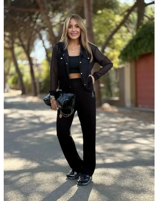 Kadın Uzun Kollu Tül Detaylı önü Düğmeli Viskon Iki Iplik Ceket Ve Pantolon Ikili Takım