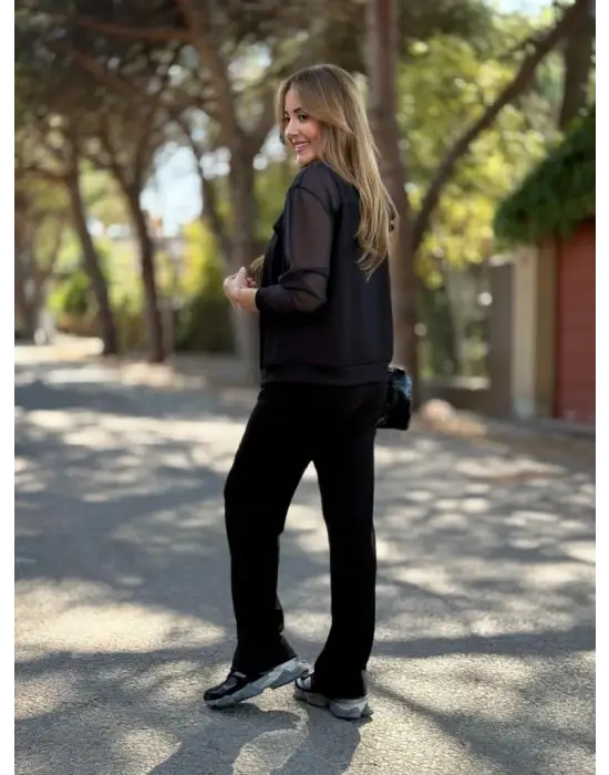 Kadın Uzun Kollu Tül Detaylı önü Düğmeli Viskon Iki Iplik Ceket Ve Pantolon Ikili Takım