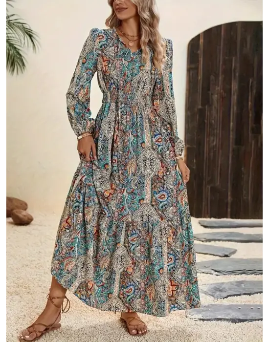 Kadın Uzun Kollu Uakadabağcıklı Beli Lastikli Desenli Uzun Süprem Elbise