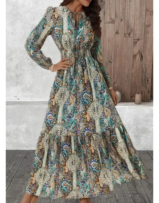 Kadın Uzun Kollu Uakadabağcıklı Beli Lastikli Desenli Uzun Süprem Elbise