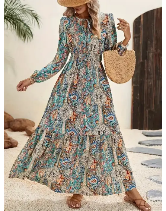 Kadın Uzun Kollu Uakadabağcıklı Beli Lastikli Desenli Uzun Süprem Elbise