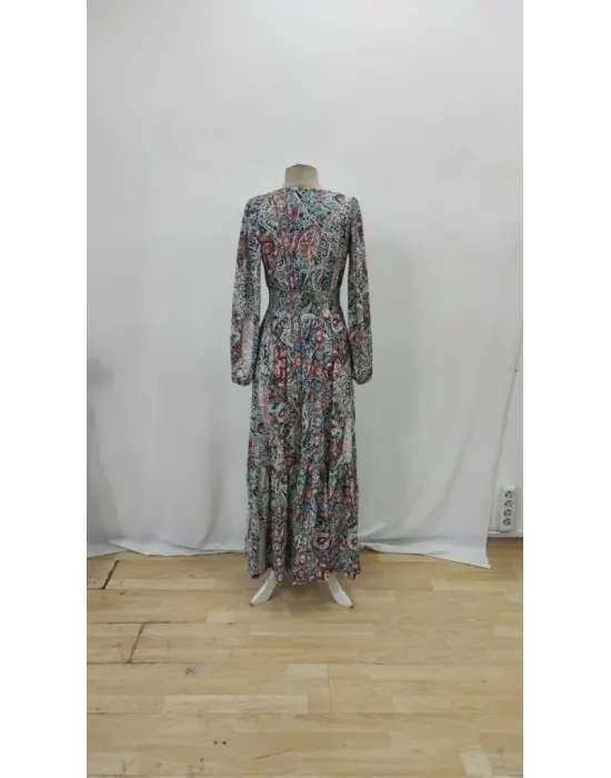 Kadın Uzun Kollu Uakadabağcıklı Beli Lastikli Desenli Uzun Süprem Elbise