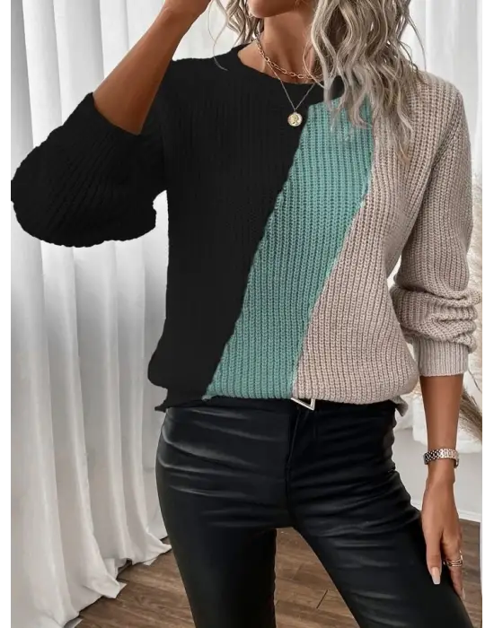 Kadın Uzun Kollu üç Renk Triko Bluz