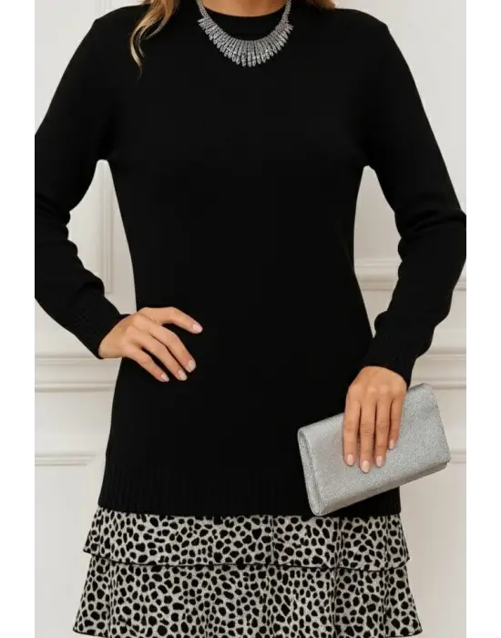 Kadın Uzun Kollu üst şardonlu Kaşkorse Alt Süprem Desenli Elbise