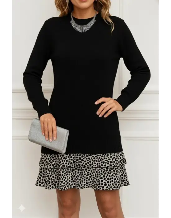 Kadın Uzun Kollu üst şardonlu Kaşkorse Alt Süprem Desenli Elbise