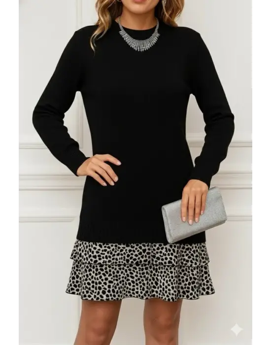 Kadın Uzun Kollu üst şardonlu Kaşkorse Alt Süprem Desenli Elbise