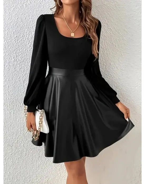 Kadın Uzun Kollu üst Viskon Alt Kloş Deri Elbise