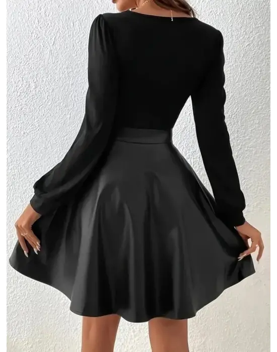 Kadın Uzun Kollu üst Viskon Alt Kloş Deri Elbise