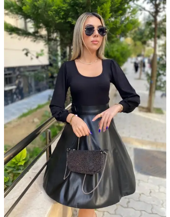 Omarı Deri Detaylı Kadın Uzun Kollu Elbise