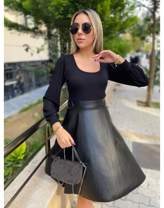 Omarı Deri Detaylı Kadın Uzun Kollu Elbise