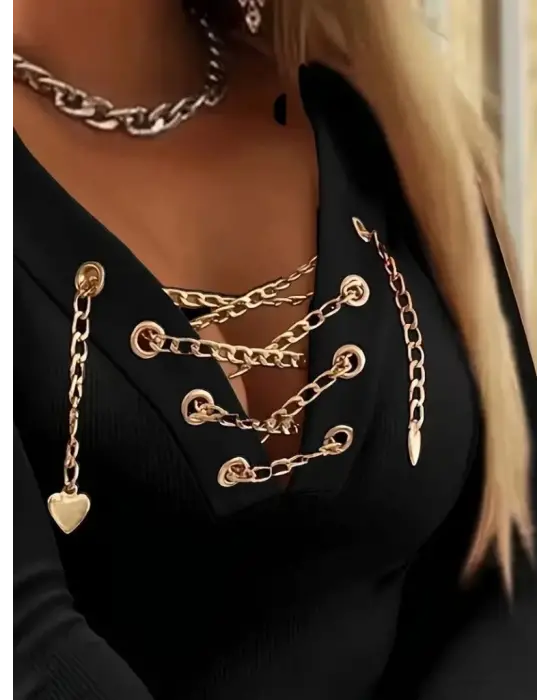 Kadın Uzun Kollu V çapraz Zincir Detaylı Kaşkorse Bluz