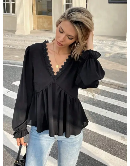 Kadın Uzun Kollu V Dantel Yaka Aerobin Bluz