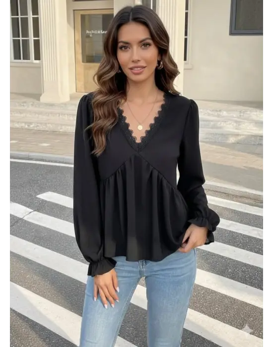 Kadın Uzun Kollu V Dantel Yaka Aerobin Bluz