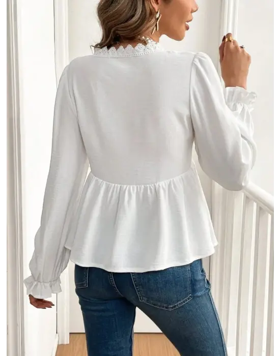 Kadın Uzun Kollu V Dantel Yaka Aerobin Bluz