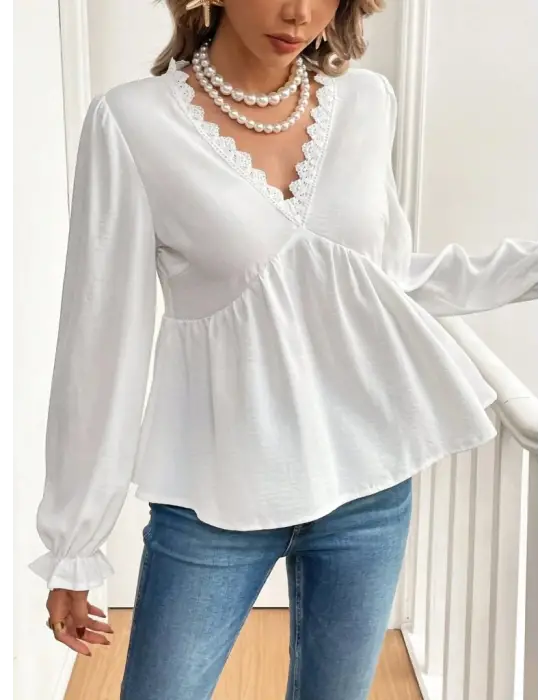 Kadın Uzun Kollu V Dantel Yaka Aerobin Bluz