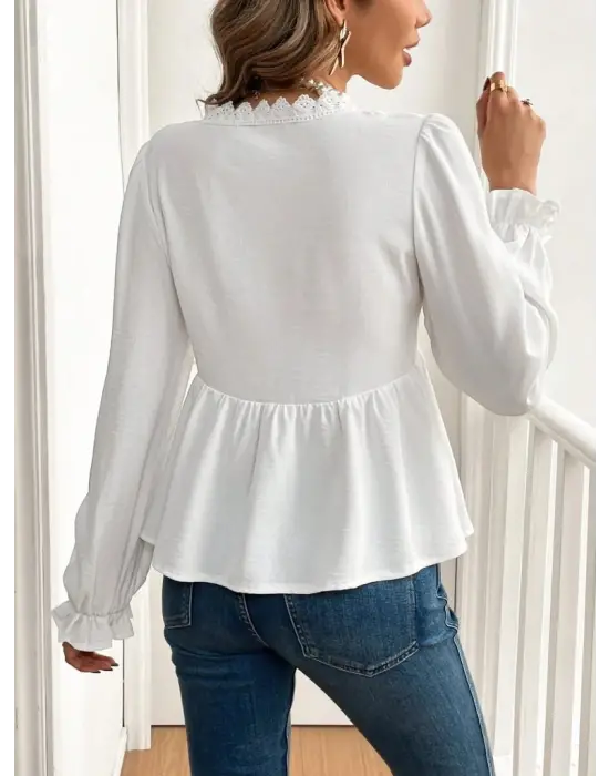 Kadın Uzun Kollu V Dantel Yaka Aerobin Bluz