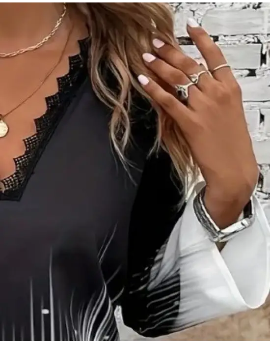 Kadın Uzun Kollu V Dantel Yaka Desenli Modal Bluz