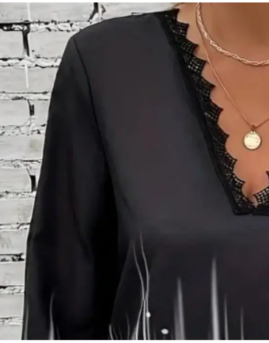 Kadın Uzun Kollu V Dantel Yaka Desenli Modal Bluz