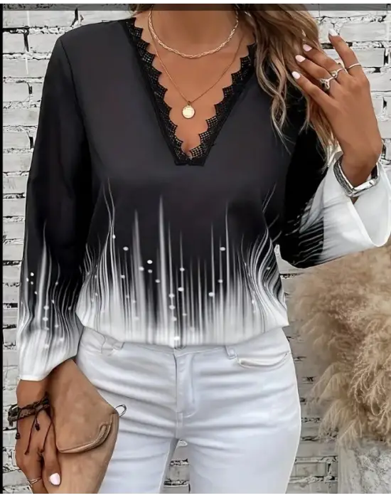 Kadın Uzun Kollu V Dantel Yaka Desenli Modal Bluz