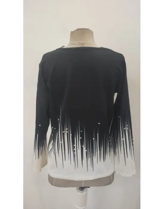 Kadın Uzun Kollu V Dantel Yaka Desenli Modal Bluz