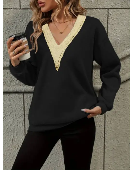 Kadın Uzun Kollu V Dantel Yaka şardonsuz üç Iplik Bluz