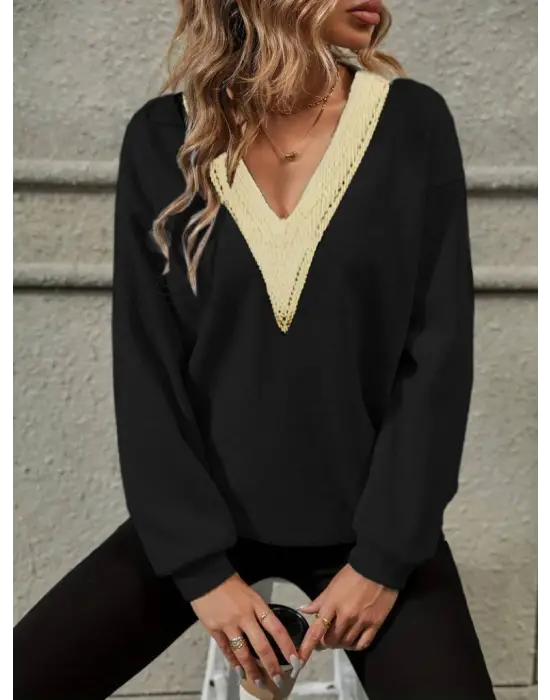 Kadın Uzun Kollu V Dantel Yaka şardonsuz üç Iplik Bluz