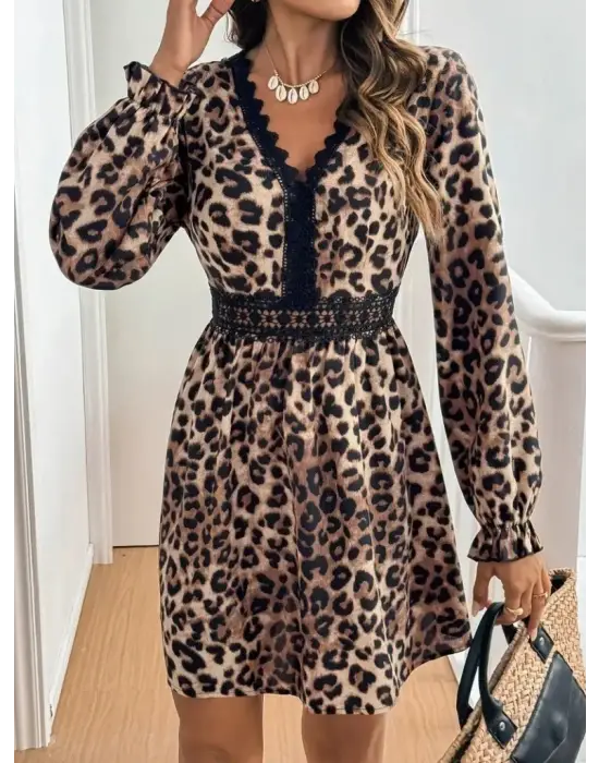 Kadın Uzun Kollu V Dantel Yakalı Leopar Desenli Modal Mini Elbise