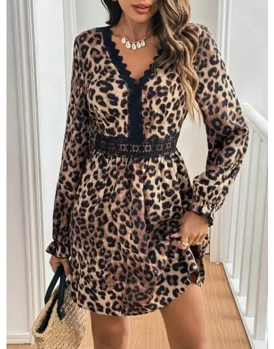 Kadın Uzun Kollu V Dantel Yakalı Leopar Desenli Modal Mini Elbise