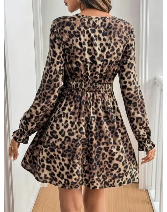 Kadın Uzun Kollu V Dantel Yakalı Leopar Desenli Modal Mini Elbise