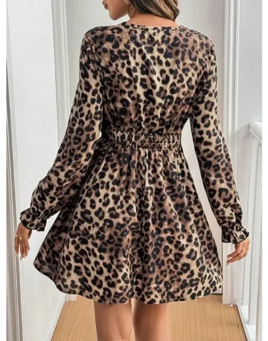 Kadın Uzun Kollu V Dantel Yakalı Leopar Desenli Modal Mini Elbise