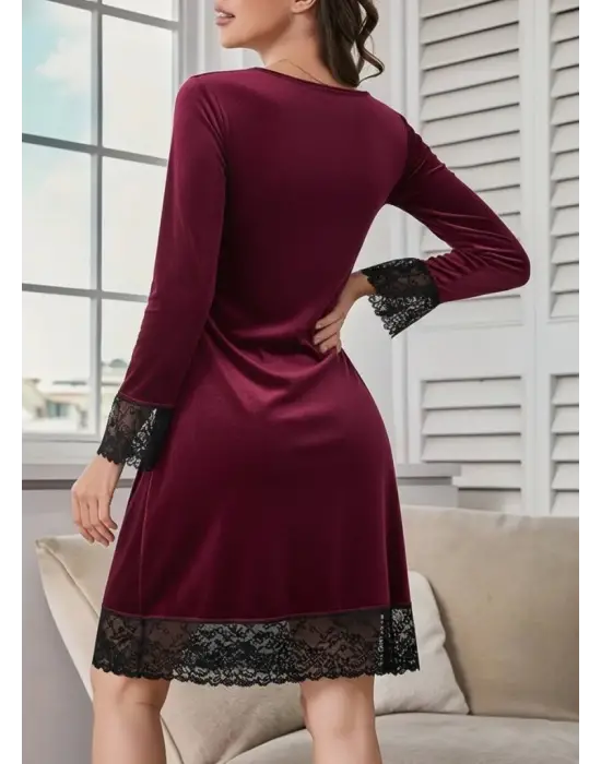 Kadın Uzun Kollu V Dantel Yakalı Mini Kadife Elbise