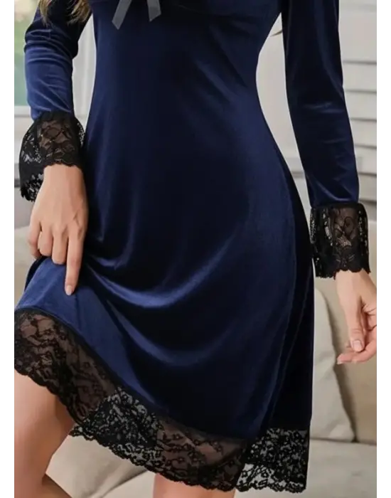 Kadın Uzun Kollu V Dantel Yakalı Mini Kadife Elbise