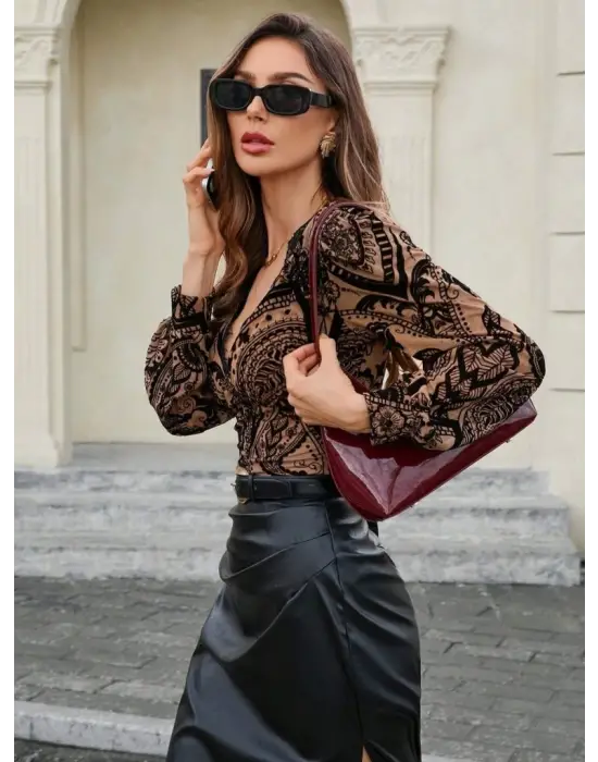 Kadın Uzun Kollu V Dantel Yakalı Modal Bluz