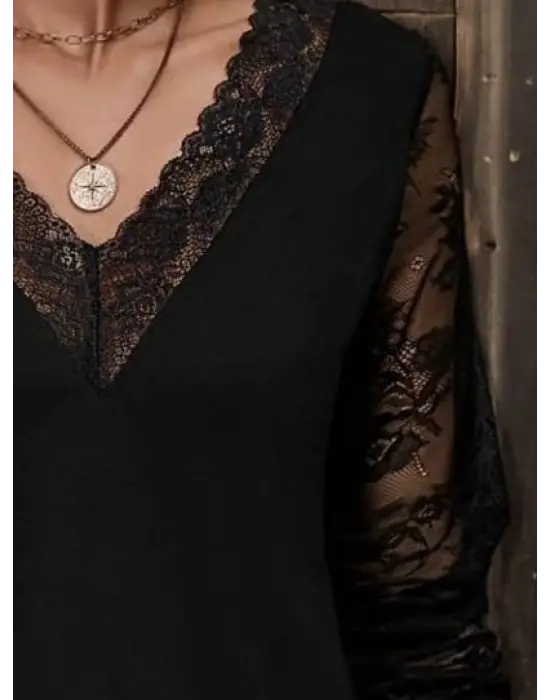 Kadın Uzun Kollu V Dantel Yakalı Viskon Bluz