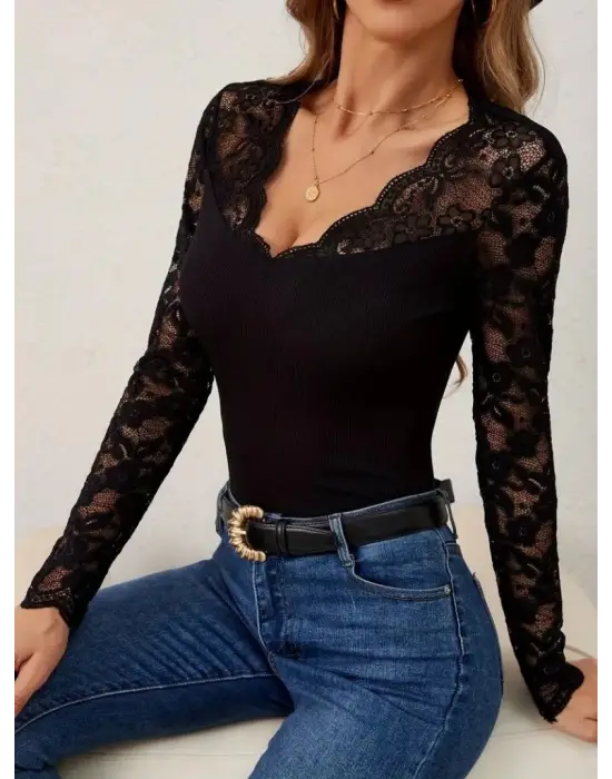 Kadın Uzun Kollu V Derin Dantel Yakalı Kaşkorse Bluz