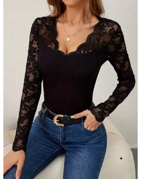 Kadın Uzun Kollu V Derin Dantel Yakalı Kaşkorse Bluz