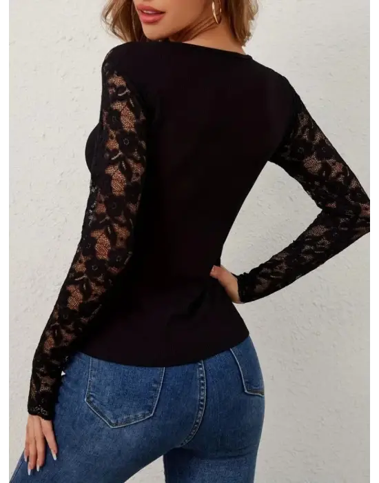 Kadın Uzun Kollu V Derin Dantel Yakalı Kaşkorse Bluz
