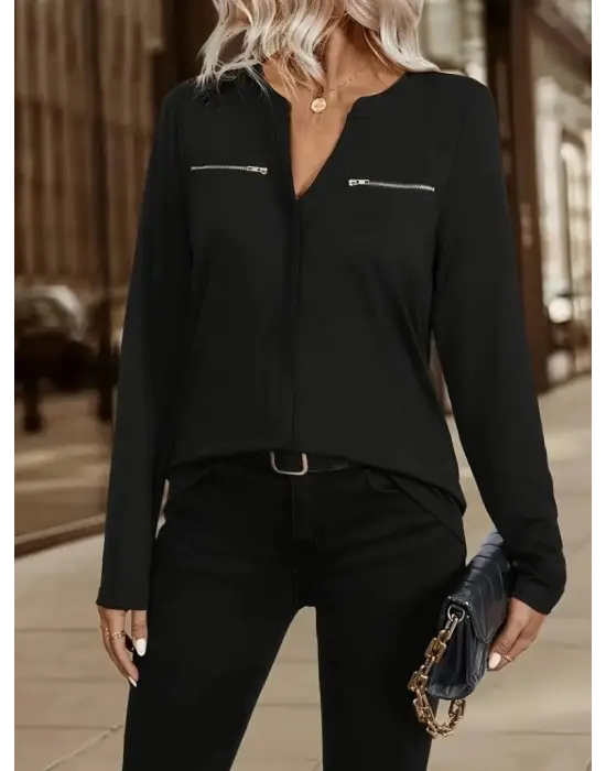 Kadın Uzun Kollu V Hakim Yaka Fermuar Detaylı Viskon Bluz