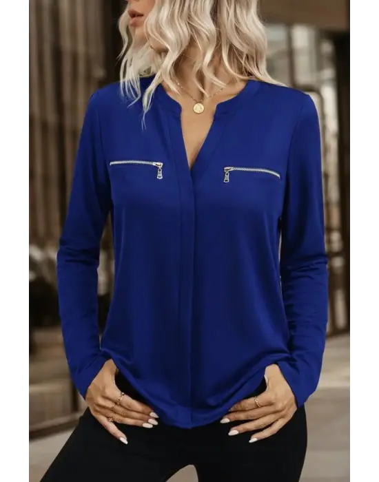 Kadın Uzun Kollu V Hakim Yaka Fermuar Detaylı Viskon Bluz