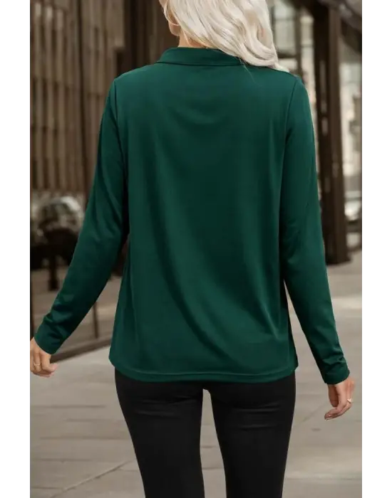 Kadın Uzun Kollu V Hakim Yaka Fermuar Detaylı Viskon Bluz