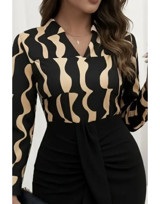 Kadın Uzun Kollu V Hakim Yakalı Desenli Dalgıç Bluz Ve önden Büzgülü Krep Ikili Takım