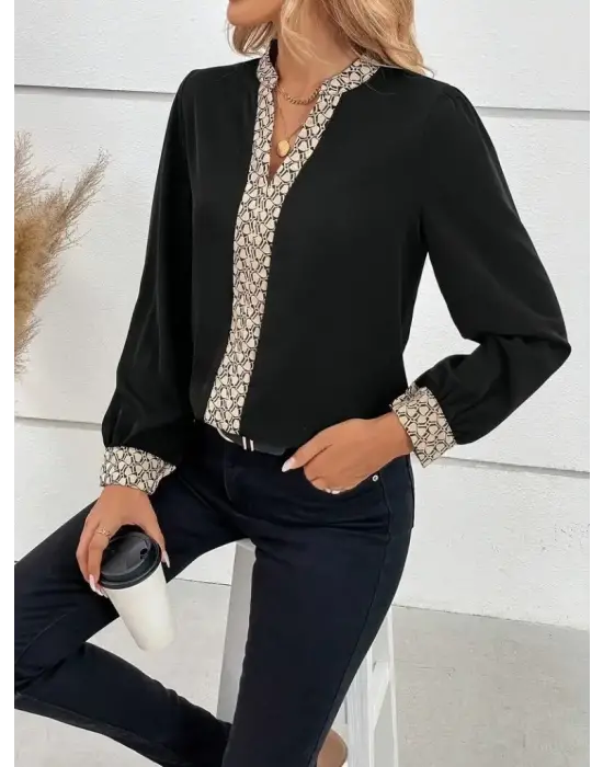 Kadın Uzun Kollu V Hakim Yakalı Desenli Ithal Krep Bluz