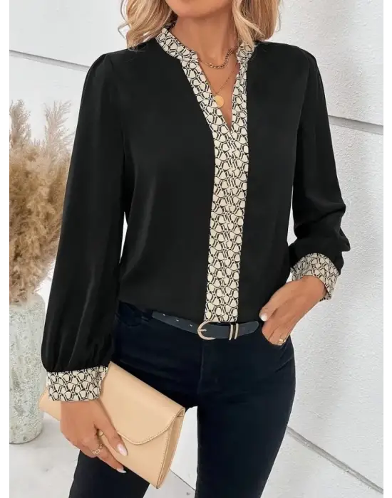 Göz Alıcı Desenli V Yakalı Bluz