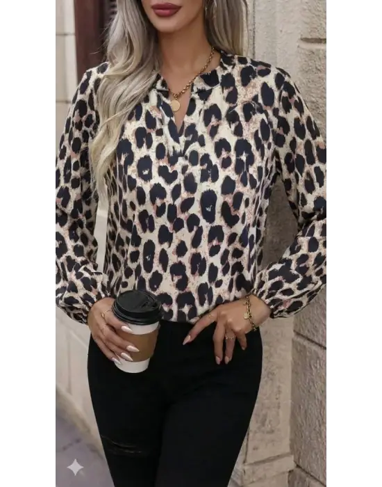 Kadın Uzun Kollu V Hakim Yakalı Leopar Desenli Süprem Bluz