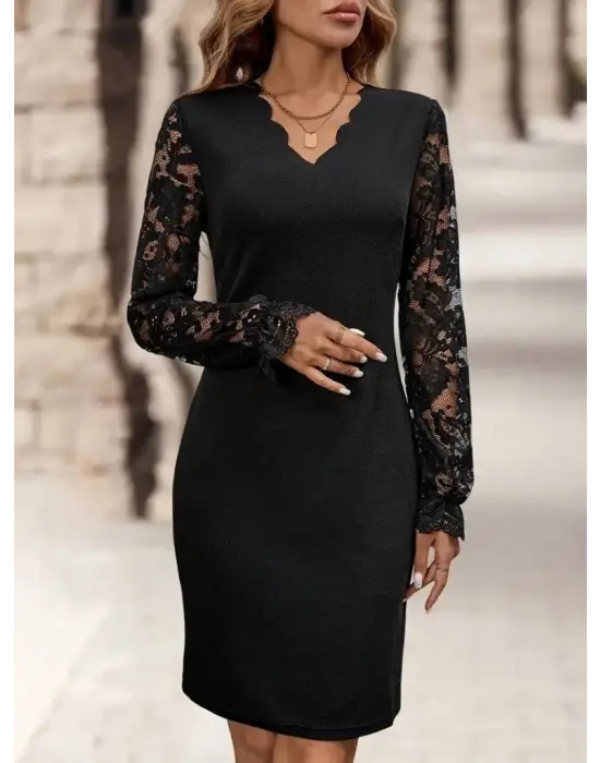 Kadın Uzun Kollu V Lazer Kesim Detaylı Kısa Ithal Krep Elbise