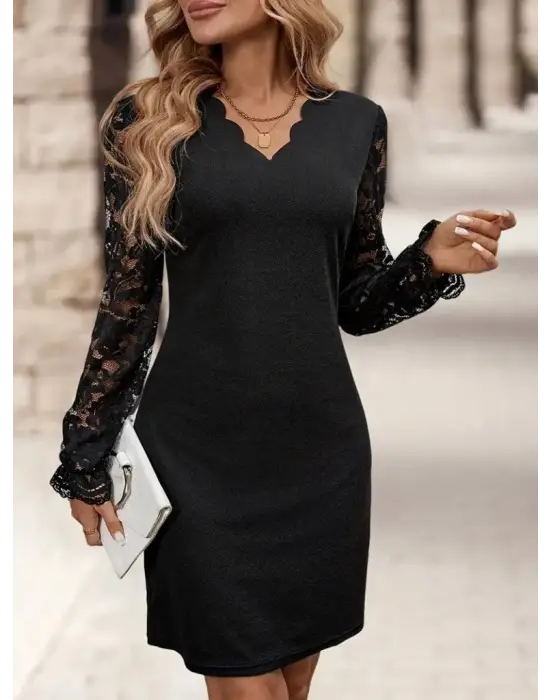 Kadın Uzun Kollu V Lazer Kesim Detaylı Kısa Ithal Krep Elbise